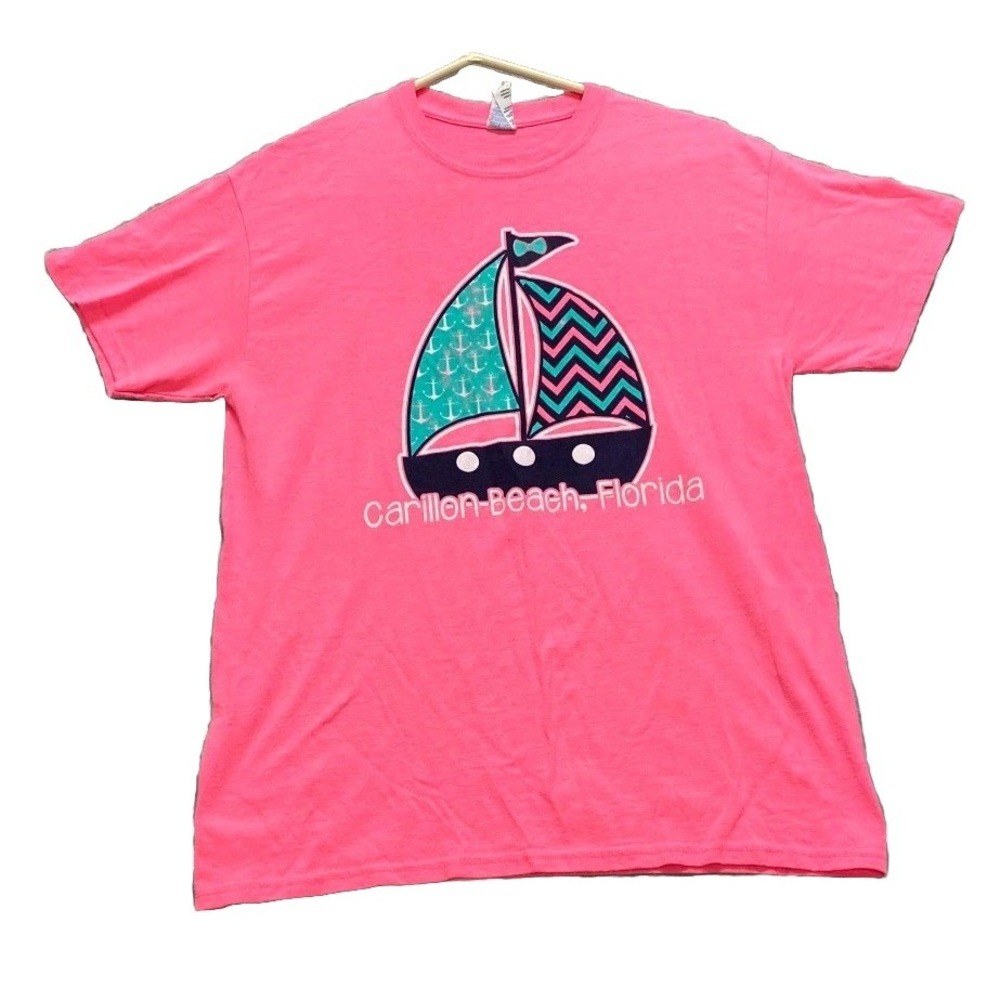 Gildan T Shirt Mens Medium Pink Cotton Sailboat Carillon Beach Florida Graphic